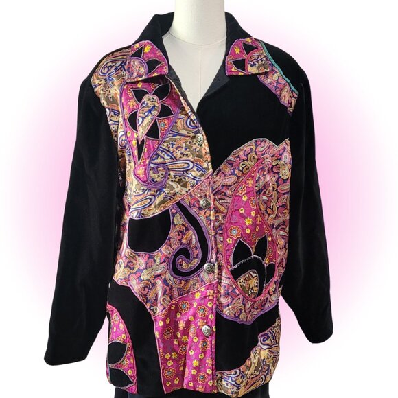 VTG 90s VELVET PAISLEY PATCHWORK WOMEN'S JACKET BLAZER EUC L - Picture 1 of 6